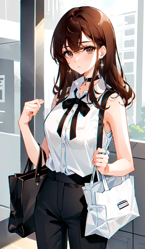 (((grown woman))), (((holding a single women's bag))), solo, choker, earrings, (((white office shirt))), (((brown hair:1.3, gray eyes))), ribbon, white shirt, (((sleeveless))), collared shirt, (((black pants))), upper body, hair between eyes, sleeveless shirt, medium hair, bare shoulders, (((looking at left))), (background trade center)