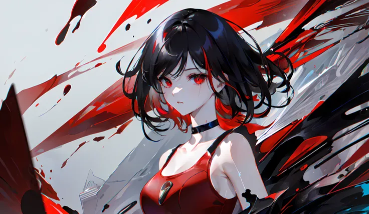 ((masterpiece)), (((red eyes))), (((black hair:1.3,  floating hair, liquid hair, chromatic aberration, paint splatter))), (focus on eyes, shaded, photo, insanely detailed),  short hair,
(photorealistic, masterpiece, dynamic angle, highest quality, (photorealistic, masterpiece, dynamic angle, highest quality, intricate, Alessandro Casagrande, Greg Rutkowski, Sally Mann, athletic wet punk body, (red dress), concept art, 4k, far-off),
(medium breasts, portrait, choker, soft), (sadness), (((Night))),
high sharpness, extreme saturation and contrast