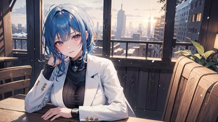 (masterpiece), (best quality), (wallpaper), (8k hd),1girl, solo focus, tall female, blue hair, bob hair, brown eyes, large breasts, wide hips, sharp face, jewel-like eyes, <lora:eula_v10:0.6>serious, tired, wearing long white coat, white blazer, black legwear, stylish sneakers, accessories, smartwatch, flower hair ornament, cute smile, sitting, cafe, coffee shop ambience, coffee shop aesthetic, snow on window, dawn, window view, massive cityscape, beautiful view, dim-lit ambience, holding coffee, {correct posing}, {detailed clothing}, {detailed body}, {correct body anatomy}, {extremely beautiful and delicate anime face and eyes}, {minute details}, {intricate details}, {delicate},
