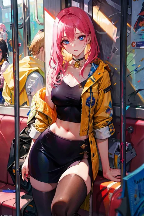 (8k, RAW photo, best quality, masterpiece:1.2),absurdres,detailed face, (light:1.2), a detailed painting, 8k, clearly worked out detail, intricate, cinematic,dim natural lighting,(character design by ilya kuvshinov and artgerm and wlop:0.5), (high detailed skin:0.9), (looking away to the side), shallow depth of field, portrait photography, 
closeup  portrait photo pale woman with  colorful  hair, (hiding behind a seat on a train:1.3), choker (wearing fashion jacket:1.1), (wide hips), background (bokeh),  black stockings ,
<lora:koreanDollLikeness_v10:0.3>
