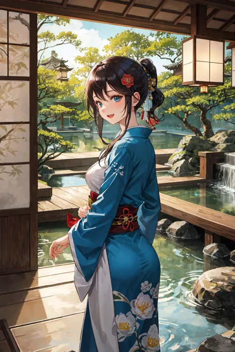 masterpiece, best quality, ultra-detailed, illustration, 1girl, solo, medium full shot, from side, koi Pond, a tranquil pond filled with colorful koi fish, japanese gardens, surrounded by mossy rocks, bamboo, traditional Japanese lanterns, peaceful, serene, cyberpunk, long trench coat made of tech-enhanced fabric with multiple pockets and hidden compartments, blue mohawk, excited expression, medium breasts