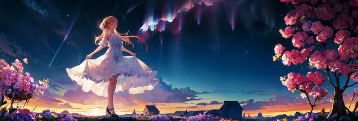 1girl, Masterpiece, best quality, ultra highres, extremely detailed CG, 8k wallpaper, full body, (god view:1.4), illustration, (back view), from behind, (look up at sky, from below, dynamic angle:1.2), aurora, galaxy, night sky, shooting star, sky, space, planet, starry background, (standing on plain filled with flowers:1.2), (Female wearing white dress),