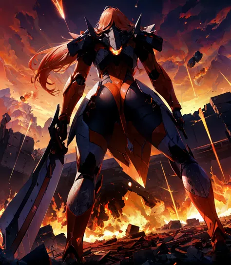 1girl, solo, Masterpiece, best quality, ultra highres, extremely detailed CG, 8k wallpaper, full body, (stands on rubble), (back view), (from behind,) (from below, dynamic angle:1.4), (dual wielding swords, mecha musume:1.0),sunset, (gradient sky, purple sky, orange sky, fire, sky, red sky, yellow sky, cloudy sky:1.2), molten rock, burning, explosion, mountain, look forward, strong pose, (huge meteorite falling from the sky:1.4), debris, floating hair,