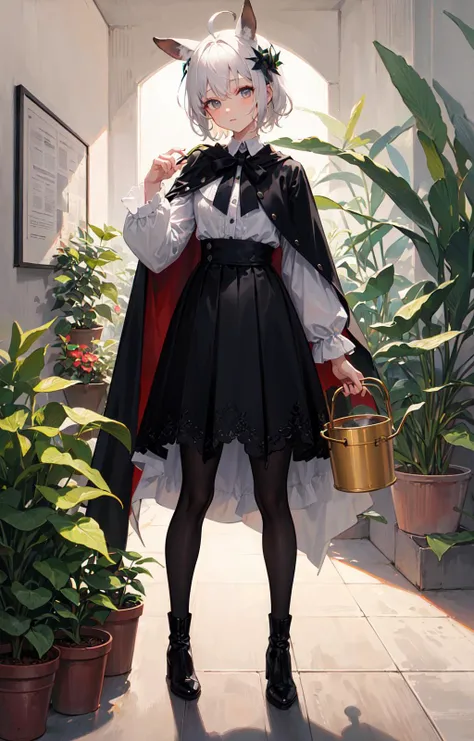 (masterpiece, best quality, ultra-detailed, best shadow), (detailed background,dark fantasy), (beautiful detailed face), high contrast, (best illumination, an extremely delicate and beautiful), ((cinematic light)), colorful, hyper detail, dramatic light, intricate details,white lace,1girl, shirt, skirt, solo, boots, pantyhose, white shirt, long sleeves, holding, black footwear, white background, black skirt, puffy long sleeves, white hair, standing, animal, bangs, black cape, full body, looking at viewer, puffy sleeves, cape, closed mouth, deer, black pantyhose, simple background, grey eyes, pleated skirt, short hair, ahoge, flower, watering can, hair ornament, holding bucket, head tilt, hair flower, high-waist skirt