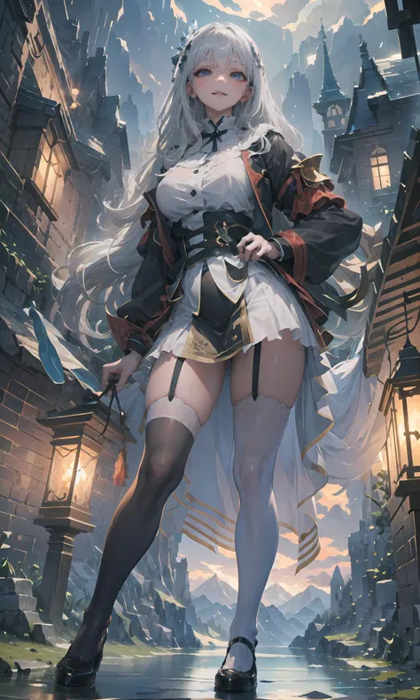 <lora:gachaSplashLORA_gachaSplash30:1>, <lora:hipoly3DModelLora_v10:0.3>,castle background,lake background, glass, mountains,film light,1girl, long hair, solo, standing on one leg, garter straps, thighhighs, dress, looking at viewer, very long hair, standing, silver hair, full body, smile, white hair, leg up,, one girl,best quality ,masterpiece, illustration, an extremely delicate and beautiful, extremely detailed ,CG ,unity ,8k wallpaper, Amazing, finely detail,huge filesize, ultra-detailed, highres, extremely detailed,beautiful detailed girl, extremely detailed eyes and face, beautiful detailed eyes,