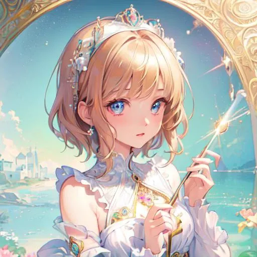 (masterpiece, best quality, extremely detailed CG, beautiful detailed eyes, ultra-detailed, intricate details:1.2), 8k wallpaper, (zentangle:1.2),1loli,princess,negative space,magic circle Effect,light background, [(blue sky with rainbow background:1.3)::5], bare shoulders, shiny skin, shiny  golen hair, dress, short hair