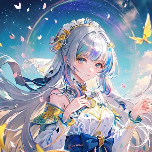 (masterpiece, best quality, extremely detailed CG, beautiful detailed eyes, ultra-detailed, intricate details:1), (zentangle:1.2),light background, shiny skin, (shiny silver hair:1.2), (knight clothes:1), long hair, (multicolored hair:0.1),(1noble daughter:1.2),(Brave:1.2),wise, (7 colors rainbow beautiful blue sky back ground:1.4),,(back hair tied with a yellow ribbon:1.2), (sunbeam:1.1),(fluttering petals:1.3),
