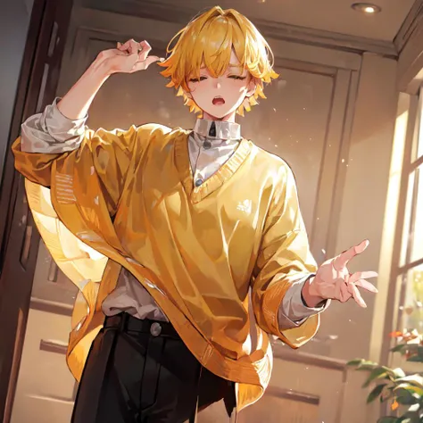 (((master piece))),((best quality)),((((park)))), detailed,1boy, standingn, yellow hair,white shirt,buttoned sweater,pants,closed eyes,yawn,tired,<lora:Zenitsu-06:0.9>, ultra detailed face