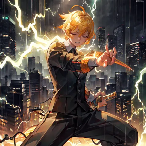 (((master piece))),((best quality)),((((city)))),detailed,1boy,solo,victorious pose, yellow hair,suit,pants,clenched teeth,closed eyes,<lora:Zenitsu-06:0.9>,(rain),(((electricity))),katana,holding sword,ultra detailed face