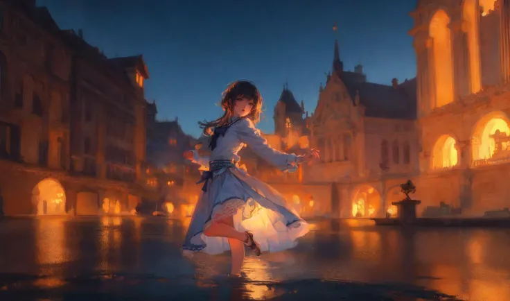 masterpiece, best quality, ultra-detailed,detailed background,high quality,extremely detailed, highest quallity,illustration, cinematic light,one beautiful girl, dancing at the surface of a lake, night, colorful, (outdoor:1.3)