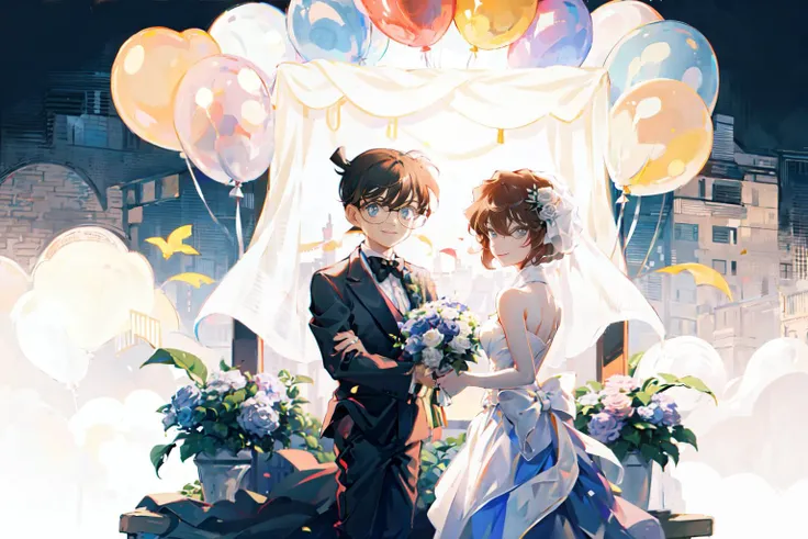 masterpiece, best quality,brown hair, 1girl,wedding dresses, veils, garland, 1boy, weddings, black suits, white shirts, bouquets, balloons, smiles, white scheme, <lora:conanXHaibaraIn1PicX_v10:1>