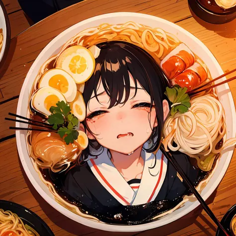 (masterpiece), pov,
girl, face up, eating ramen, black chopsticks, view from above above,
black hair, school uniform, crying, tears, sweats, drooling, look at camera,
yellow hanging noodles,
ramen at bottom, stall at japan, 
(backlight, depth of field, bokeh),