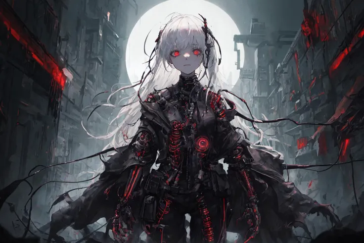 masterpiece, best quality, 8k, digital painting, 1girl, solo, standing, young adult, white hair, long hair, hair accessory, red eyes, circular pupil, emotionless expression, bloodstains, mechanical parts, wires, cables, glitch effect, horror, sci-fi, futuristic, dark background, neon lights, cyberpunk, surreal, eerie, unsettling, creepy, horror.