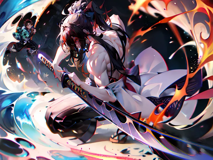 weapon, sword, long hair, black hair, katana, multiple boys, male focus, ponytail, 2boys, red eyes, holding sword, holding weapon, holding, japanese clothes, fire, muscular
