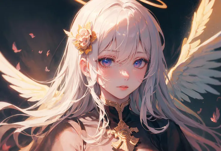 1girl, solo, wallpaper, best quality, masterpiece, oil painting \(medium\),heaven,long hair,white hair,angel,wings,floating island,detail background, (Master's work),(Detailed eye description),(Detailed face description),colorful,hair ornament,halo,veil