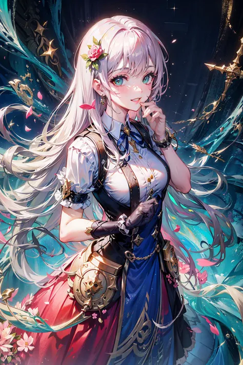 masterpiece, top quality, best quality, official art, (beautiful and aesthetic:1.3),extreme detailed,(fractal art:1.3),colorful, realistic style, official wallpaper, 1lady,looking at viewer, pretty,wearing dress, ribbon,green sparkle eyes, grey long hair mixed with pink, (from above),adult,no bare brests,blue, metal head ornament,gloves,pink watery face,uniform,long skirty,blue red gown,(hiding hands),smile,nardack,