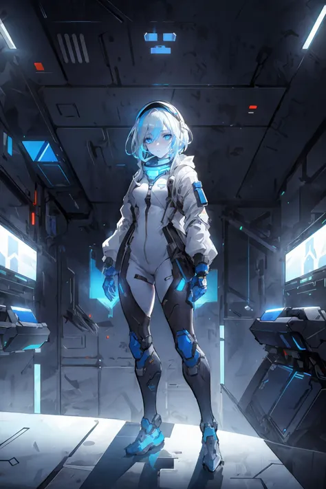 masterpiece, (solo), 1girl, look sideways, dim light, Horizon_\(apex legends\), scientist, goggles, blue eyes, perfect face, white hair, headwear, (freckles:0.5), (science_fiction), spacecraft interior, universe, neon lights, cyberpunk, dutch angle, atmospheric perspective, best quality, UHD, textured skin, super detail, award winning, retina, 16k, <lora:oc_v10:0.5>