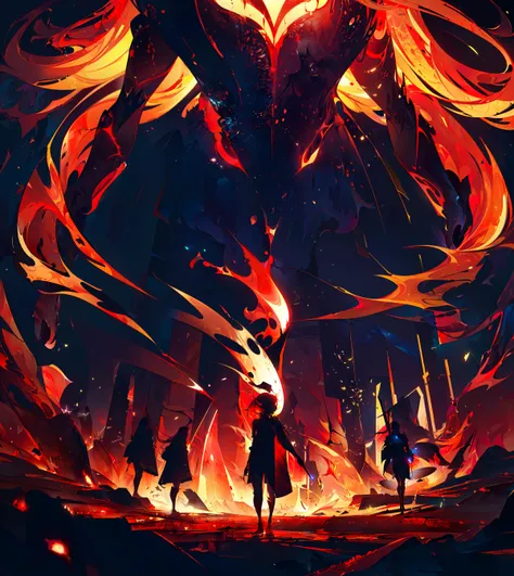 (Masterpiece), (best quality), ultra highres, extremely detailed CG, 8k wallpaper, intricate details, (analyzing, dark moody lighting, mysterious, mystical, curiosity:1.2), (no human, glowing, energy, aura, silhouette, light particles, fiery, red theme:1.4),