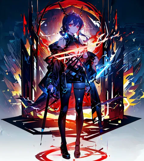 1girl, (Masterpiece), (best quality), ultra highres, extremely detailed CG, 8k wallpaper, intricate details, (analyzing, dark moody lighting, mysterious, mystical, curiosity:1.2), (glowing, energy, aura, silhouette, light particles, fiery, full body, red theme:1.4), <lora:ArknightsChen5concept_10:1.0>,origen,