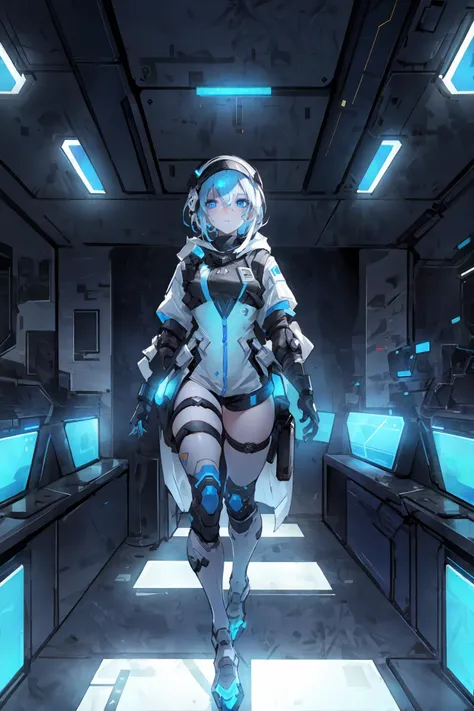 masterpiece, (solo), 1girl, look sideways, dim light, Horizon_\(apex legends\), scientist, goggles, blue eyes, perfect face, white hair, headwear, (freckles:0.5), (science_fiction), spacecraft interior, universe, neon lights, cyberpunk, dutch angle, atmospheric perspective, best quality, UHD, textured skin, super detail, award winning, retina, 16k, <lora:oc_v10:0.5>