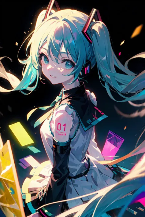 <lora:beautifulDetailedEyes_v10:1> <lora:yoneyamaMaiStyle_yoneyamaMaiV2Locon:1> 1 girl, \hatsune_miku\, side_pose, look_at_viewer, (depth of field), (colorful hair:1.2), side_angle, masterpiece, best quality, (colorful:1.5), open smile