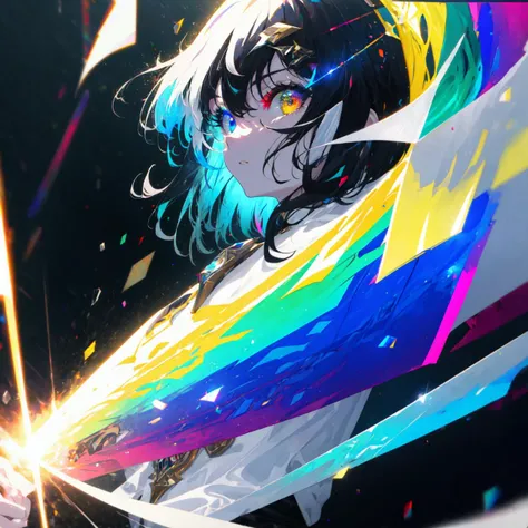 {a man wearing white armor with white cape fighting}}, {{masterpiece}}, best quality, extremely detailed CG unity 8k wallpaper, cinematic lighting, lens flare, beautiful detail eyes, full body, black, multicolor hair, colorful light particles, heterochromia, (colorful:1.5), (colorful hair:1.5), <lora:beautifulDetailedEyes_v10:1>, <lora:lightAndShadow_v10:0.1>