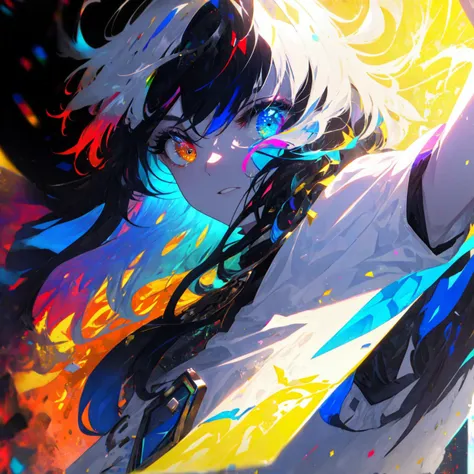 {a man wearing white armor with white cape fighting}}, {{masterpiece}}, best quality, extremely detailed CG unity 8k wallpaper, cinematic lighting, lens flare, beautiful detail eyes, full body, black, multicolor hair, colorful light particles, heterochromia, (colorful:1.5), (colorful hair:1.5), <lora:beautifulDetailedEyes_v10:1>, <lora:lightAndShadow_v10:0.1>