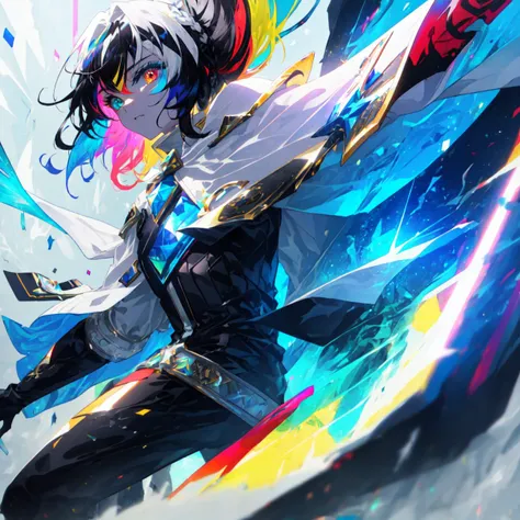 {a man wearing white armor with white cape fighting}}, {{masterpiece}}, best quality, extremely detailed CG unity 8k wallpaper, cinematic lighting, lens flare, beautiful detail eyes, full body, black, multicolor hair, colorful light particles, heterochromia, (colorful:1.5), (colorful hair:1.5), <lora:beautifulDetailedEyes_v10:1>, <lora:lightAndShadow_v10:0.1>