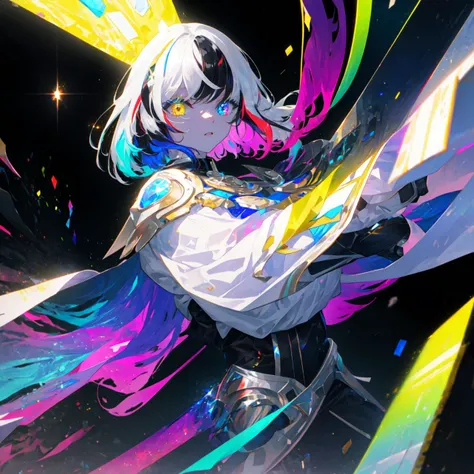 {a man wearing white armor with white cape fighting}}, {{masterpiece}}, best quality, extremely detailed CG unity 8k wallpaper, cinematic lighting, lens flare, beautiful detail eyes, full body, black, multicolor hair, colorful light particles, heterochromia, (colorful:1.5), (colorful hair:1.5), <lora:beautifulDetailedEyes_v10:1>, <lora:lightAndShadow_v10:0.1>