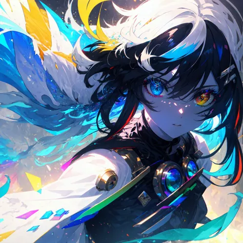 {a man wearing white armor with white cape fighting}}, {{masterpiece}}, best quality, extremely detailed CG unity 8k wallpaper, cinematic lighting, lens flare, beautiful detail eyes, full body, black, multicolor hair, colorful light particles, heterochromia, (colorful:1.5), (colorful hair:1.5), <lora:beautifulDetailedEyes_v10:1>, <lora:lightAndShadow_v10:0.1>