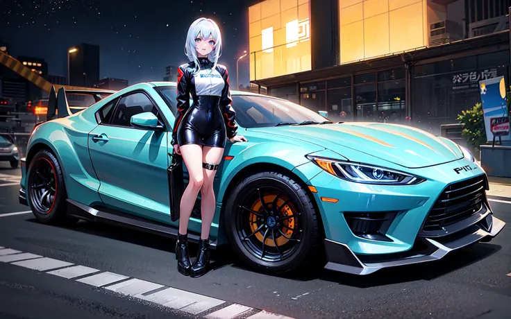 afternoon, 1 girl standing by car, cars, space suit, black car, clean spoiler, very detailed, glowing lights, cool car, cool car, rocket bunny, japan, jdm, car under glow, race track, (center frame), hires,