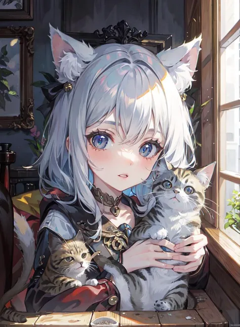 (neko girl),hold a cat,  cute, full of cats, ( full body), <lora:popularTrainedOnTheMost_v10:1>,Cat litter boxes, cat paintings on the wall, (detailed face),