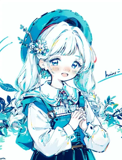 shouhui, 1girl, :d, bangs, blush, braid, floral print, flower, hair flower, hair ornament, long sleeves, looking at viewer, open mouth, simple background, smile, solo, twin braids, upper body, white background, white flower, long hair, blue eyes, skirt, shirt, hat, holding, twintails, jewelry, white shirt, white hair, cowboy shot, earrings, puffy sleeves, collared shirt, artist name, signature, necklace, aqua eyes, leaf, blush stickers, own hands together, plant, red headwear, puffy long sleeves, no nose, limited palette, color guide<lora:shouhuiline:1>limited palette,