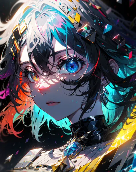 {{masterpiece}}, best quality, extremely detailed CG unity 8k wallpaper, cinematic lighting, lens flare, beautiful detail eyes, black,  side glance,  multicolor hair, colorful light, particles, heterochromia, (colorful:1.5), (colorful hair:1.5), <lora:beautifulDetailedEyes_v10:1>