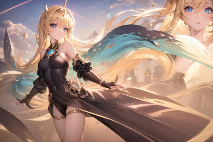 masterpiece, highres, best quality, UHD, super detail, award winning, retina, 16k, (detailed background), (sand dunes), cloudy sky, sunrays, 1 girl, turquoise eyes, godess, (floating), (zoom out)