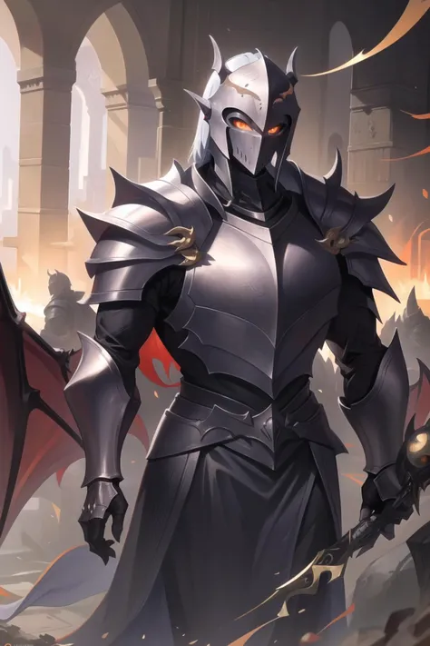 masterpiece, highres, best quality, UHD, super detail, award winning, retina, 16k, (detailed background), medieval knight, dragon armor, large helmet, castle, gate, male, strong, glowing orange eyes