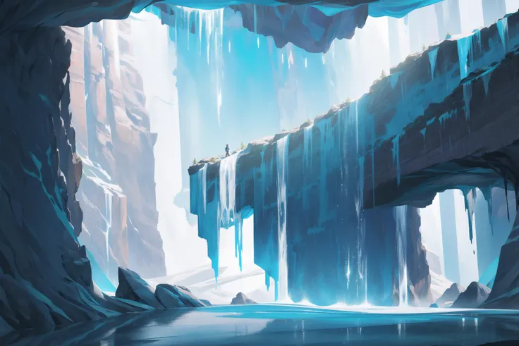 masterpiece, highres, best quality, UHD, super detail, award winning, retina, 16k, (detailed background), massive cave, luminous water, turquoise water, icy ceiling, frozen waterfall, (villager:1.3)