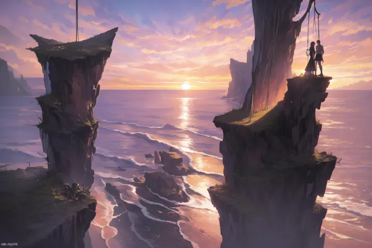 masterpiece, highres, best quality, UHD, super detail, award winning, retina, 16k, (detailed background), (man), hanging, cliff, ocean, (sunset)