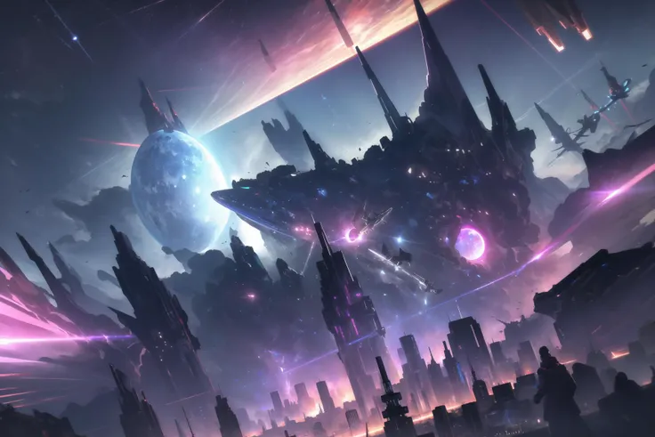 masterpiece, highres, best quality, UHD, super detail, award winning, retina, 16k, (detailed background), (space city), orbiting, futuristic, tech, bright, neon, sci-fi, cyberpunk, planets, atmosphere
