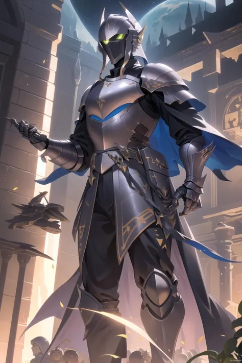 masterpiece, highres, best quality, UHD, super detail, award winning, retina, 16k, (detailed background), medieval knight, tech armor, large helmet, castle, gate, (male), (strong), no eyes, (luminous gauntlets), (stars), (spaceship)