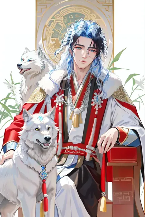 masterpiece,best quality, high detail, 1man,handsome boy, white dog, (Highest picture quality), (Master's work), (Detailed eye description), (8K wallpaper),(Detailed face description), blue eyes, A young man in traditional costume, holding a white wolf in his arms with a cool and stoic expression on his face, ((((his long black hair flowing)))), amidst the backdrop of the ancient Chinese dynasty of Han, ((wolf)), (((white wolf))), ((detailed eyes)),((detailed face)),pattern dynasty