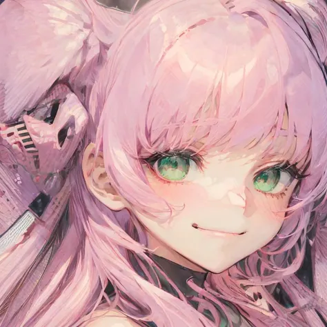 <lora:Shiropw:0.9> 1girl ,portrait, facing viewer,smirk, (dark green eyes), ((pink)(very long)(hime cut) hair), (angel girl),