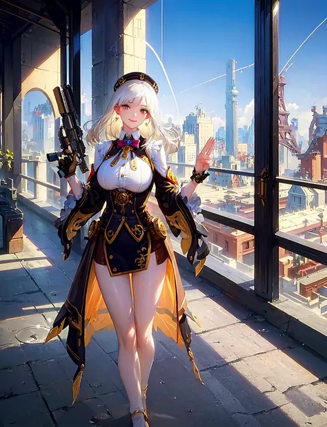 seethrough_look, dynamic posture, dynamic gesture, detailed face, (big breasts: 1), (masterpiece, top quality, beautiful and aesthetic:1.2), highest detailed, 1 girl, solo, white_hair, littel smiling, earing, aiming, aiming rifle, steampunk_city, earing, full body, <lora:steampunkai:1.2>, <lora:koreanDollLikeness:1>