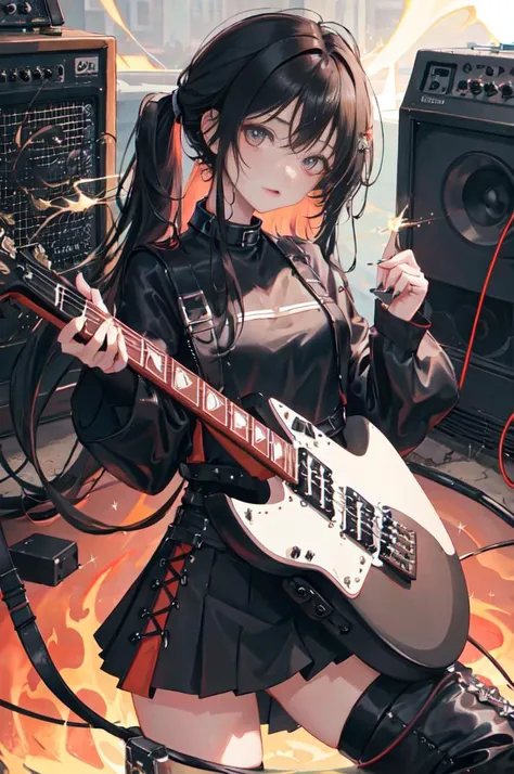 masterpiece,best quality,1girl,solo,looking at viewer, fur \(clothing\), playing instrument, livestream, black hair, black legwear,(electric guitar:1.4), reflection, splash, droplets, rust, sparks, asphalt, ground vehicle, (sports car), (super car), mechanical,burning,