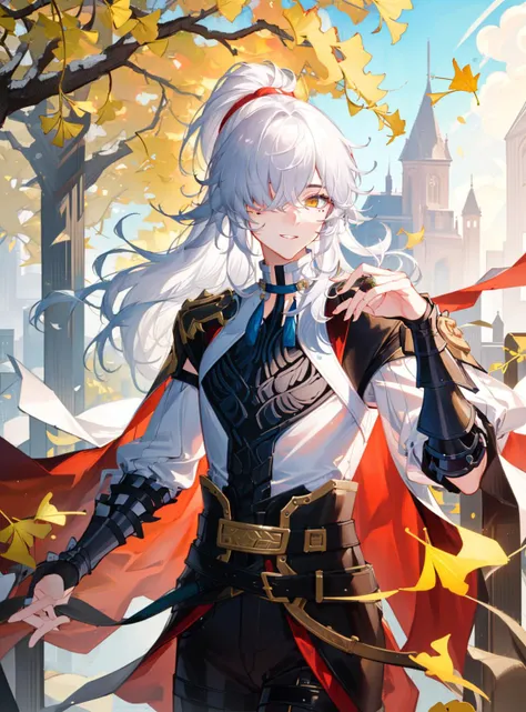 (masterpiece, best quality, ultra-detailed, highres, illustration:1.1),1boy,mole, mole under eye, jingyuan, hair ribbon,(yellow eyes),ponytail,armor, white hair,one eye covered,cowboy shot,looking at viewer, (ginkgo leaf:1.3),ginkgo tree, falling ginkgo leaf
<lora:jing_yuan-07:1>