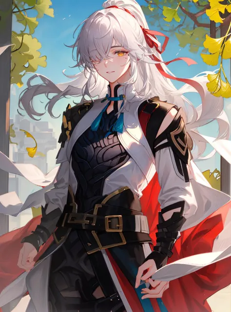 (masterpiece, best quality, ultra-detailed, highres, illustration:1.1),1boy,mole, mole under eye, jingyuan, hair ribbon,(yellow eyes),ponytail,armor, white hair,one eye covered,cowboy shot,looking at viewer, (ginkgo leaf:1.3),ginkgo tree,
<lora:jing_yuan-05:1>