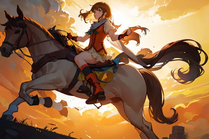 1girl. solo, focus, 1horse, riding horse <lora:mist-nvwls-v1-final>, feMist, white scarf, orange vest, yellow dress, fingerless gloves, orange socks, boots, from below, silhouette, backlighting