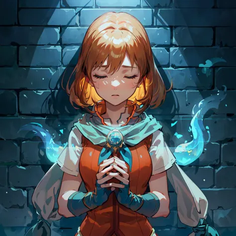 1girl. solo, focus, <lora:mist-nvwls-v1-final>, feMist, white scarf, orange vest, yellow dress, fingerless gloves, (singing, soothing, holding medallion, hands:1.1) closed eyes, upper body, indoors, fortress, bricks, coblestone, stone_wall, (walls on fire, blue fire:1.5), front lighting, (blue light:1.2), (dark background, dramatic lighting, hard light:1.3)
