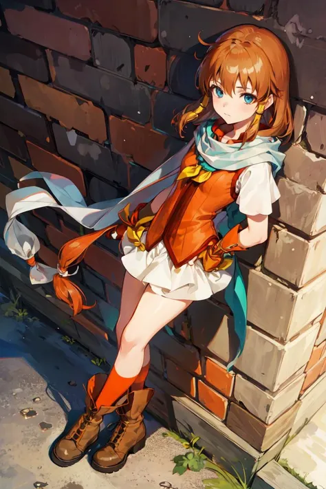 1girl. solo, focus, <lora:mist-nvwls-v1-final>, feMist, white scarf, orange vest, yellow dress, fingerless gloves, orange socks, boots, castle, standing, leaning on wall, (bored, curious, impatient,:1.1) from above, foreshortening, crossed arms
