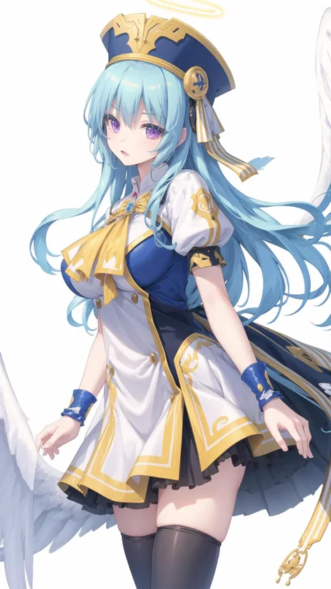 (1girl), (cowboy shot), Eureshya, angel, halo, wing, large wing, thighhighs, long hair, blue hair, purple eyes, boot, dress, hat, arm warmers, 
<lora:Eureshya v1.0:0.6>